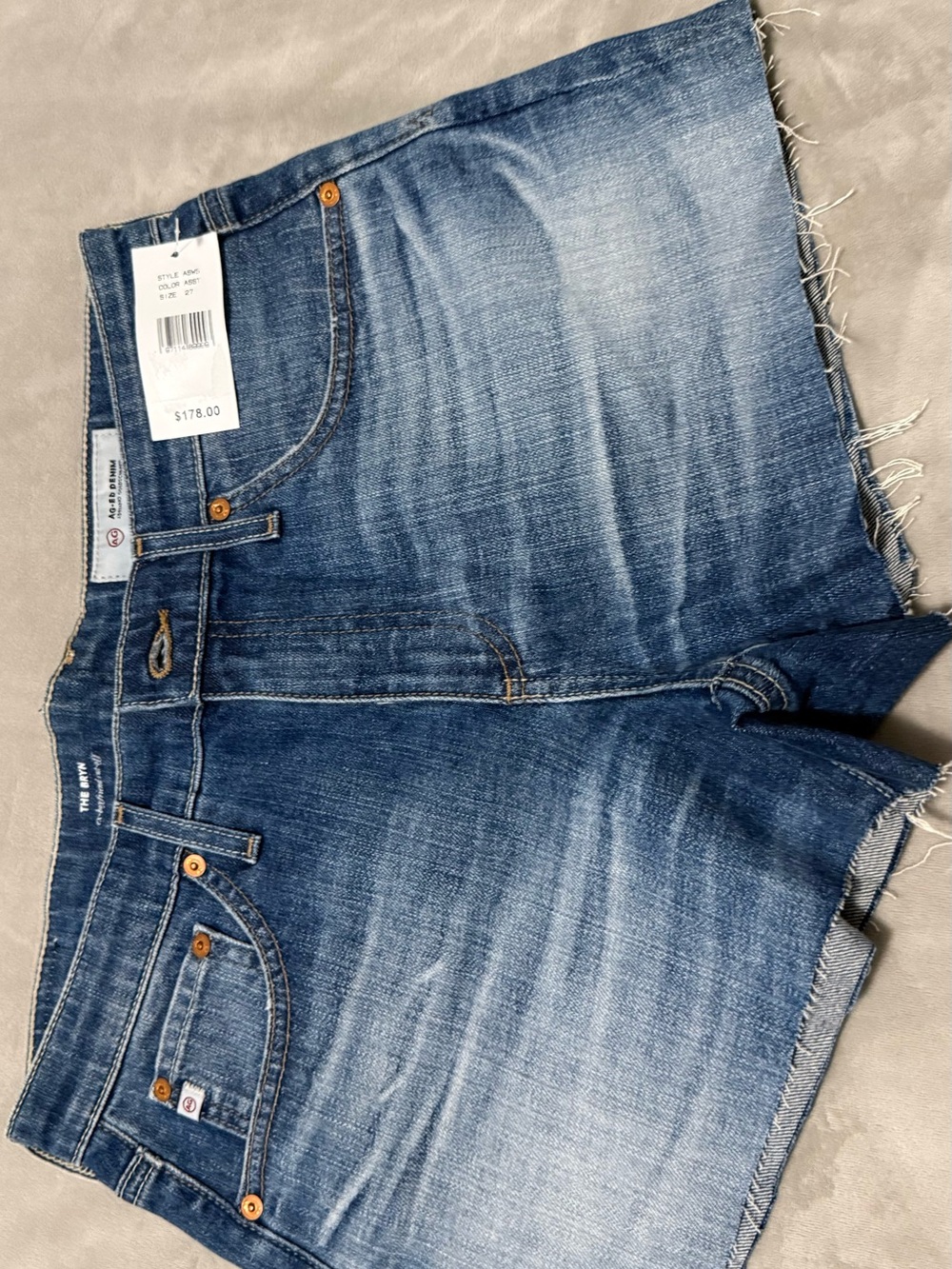 Ag Adriano Goldschmied Medium Blue Distressed Raw-Hem Denim Shorts